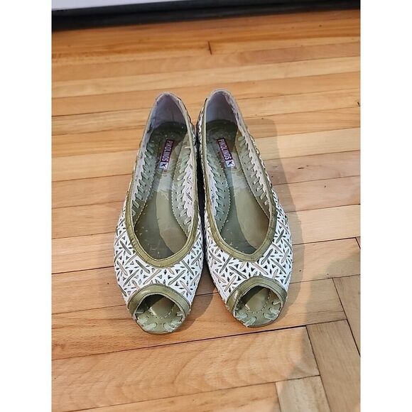 Women Pikolinos Ballet Mary Jane Sandals Gold Green Peep Toe Leather 6 Flats - Picture 2 of 8